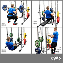 Valor Fitness Power Squat Rack with Lat Pull Attachment and Pull Up Bar Station Black
