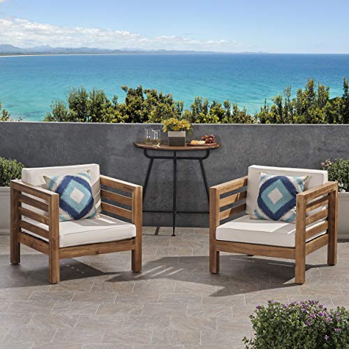 GDFStudio Louise Outdoor Acacia Wood Club Chairs with Cushions Set of 2 Teak Finish Beige