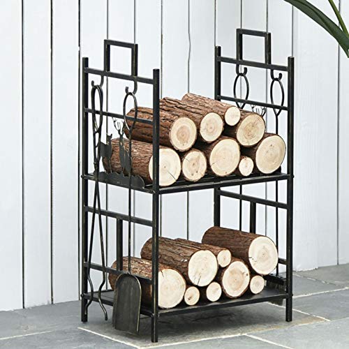 DJVHSRI Double Layer Firewood Storage Rack Large Capacity Fireplace Wood Stand with 4 Tool Set - Wrought Iron Firewood Holder,