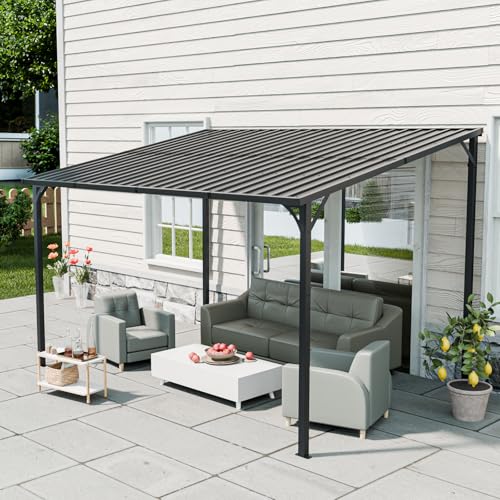 HarmoFurn Outdoor Pergola, 12x8FT, Galvanized Steel Roof with Powder-Coated Frame, Wall-Mounted Patio Shade Structure, Black