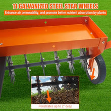 Tow Behind Aerator, 40 Inch Spike Aerator with Universal Hitch, Durable Lawn Aerator Soil Penetrator Tractor with Transport Wheels, Steel Teeth, Tray, Suitable for Lawn, Farm and Garden, Orange
