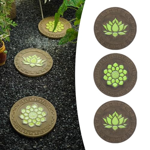 SGeneE Glow in The Dark Round Stepping Stone Set, Outdoor Luminous Lotus Stepping Stone Path Pavers, Home Villa Garden Patio Stones for Decorative Ground, 3pcs, Style 2