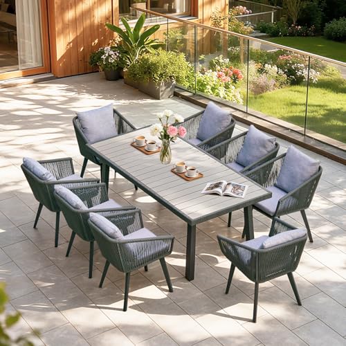 Home Care Wholesale 9 Pieces Patio Dining Set for 8 - All Weather Outdoor Dining Sets, All in One Outdoor Table and Chairs, Wicker Outdoor Patio Furniture Sets with Cushions and Pillows, Grey