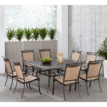 Hanover Fontana 9-Piece Outdoor Patio Dining Set with 60'' Cast-Top Table and 8 Sling Swivel Rocker Chairs Tan