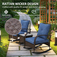 Hassyee 3 Pieces PE Rattan Bistro Set with 2 Rocking Chairs and 1 Coffee Table for Poolside, Lawn, Outdoor Furniture Set with Soft Cushions and Elegant Design Backrests for Balcony (Brown)