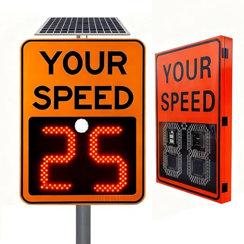 High-Visibility Solar Radar Speed Sign with Overspeed Light/Solar Panel, LED Speed Sign,Auto Red/Green Color Switch, 0–99/0–120 mph, > 1000m Visibility, Aluminu