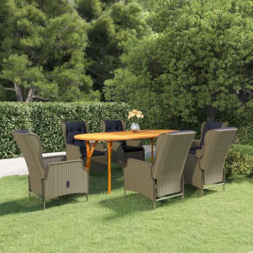 LPERTGFHU 7 Piece Patio Dining Set with Acacia Wood Table and 6 Reclining PE Rattan Chairs, Outdoor Furniture for Garden Backyard