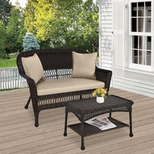 Jeco Wicker Patio Love Seat and Coffee Table Set with Tan Cushion, Black