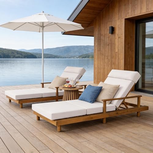 Merax Acacia Wood Outdoor Patio Chaise Lounge Chair Set of 2, Thick 4-Fold Cushion & Headrest, 3-Position Adjustable Backrest, Modern 76.8" Large Pool Sun Lounger for Garden Beach Yard, Cream+Teak