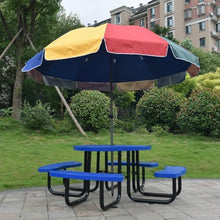 Hassyee Square/Round Outdoor Picnic Table Set with Umbrella Pole and 4 Pieces Built-in Benches for Garden, Lawn, Patio Furniture Set with Carbon Steel Frame for Deck, Poolside (Blue + Round)