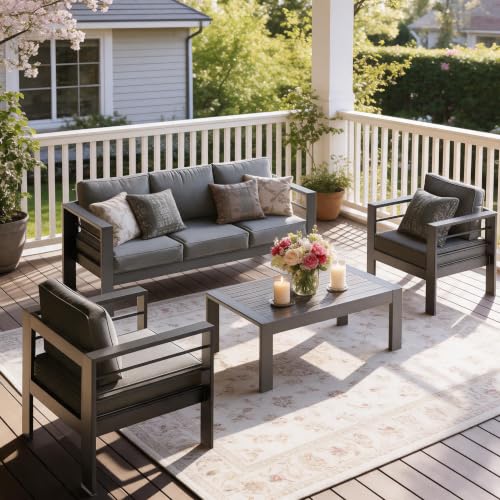 Solaste 5-Seaters Aluminum Outdoor Patio Furniture Set, Patio Sectional with 5" Thick Cushion, Outdoor Furniture with Coffee Table, Patio Sofa for Porch, Backyard, Deck, Yard, Dark Grey