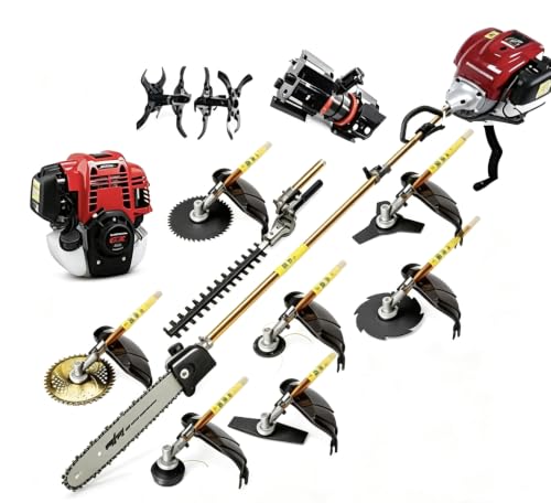 Gas Brush Cutter Weed Eater Lawn Mower 4‑Stroke GX50 Multi‑Function Gas String Trimmer with Chainsaw Hedge Trimmer Attachments for Garden Lawn Brush Cutting Tiller