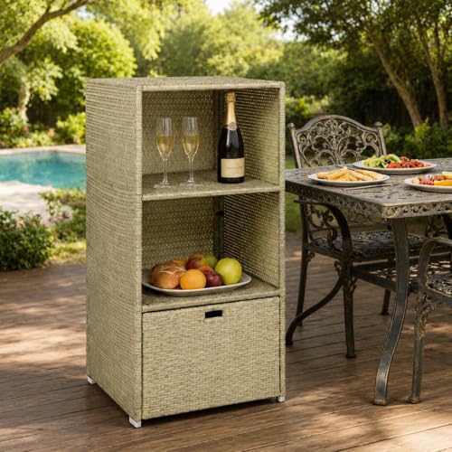 Cvqza Outdoor Storage Rack, Garden Organizer, Two-Shelf Design, Durable Rattan Wicker, Towel Holder for Beach, Patio Use, Ideal for Home and Outdoor Projects, Space-saving Solution