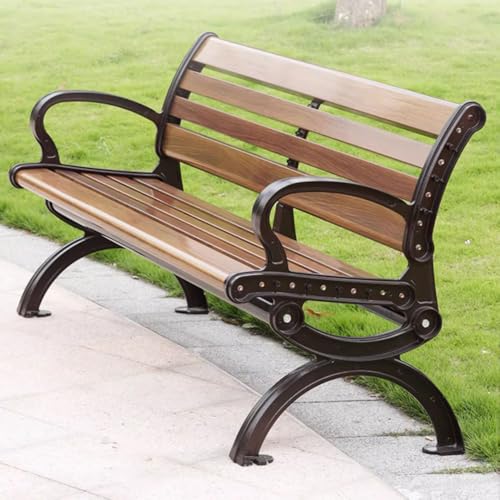 TBLOTYD Modern Outdoor Park Bench - 71" Corrosion Resistant Metal Frame, Light Brown Wooden Seating with Backrest, Ideal for Patio, Lawn, Yard, Porch - Stylish Garden F