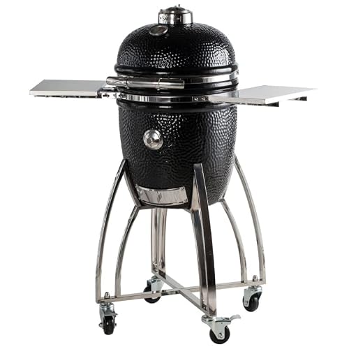Saffire Platinum Kamado – Medium Ceramic Grill and Smoker, 15" Charcoal Grill, 304 Stainless Steel Cart, Smokin’Chip Feeder, Secondary Cooking Grid, Heat Deflector – Onyx Black
