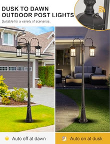 EERU Dusk to Dawn Outdoor Lamp Post Light with Outlet, Electric 2-Head Outdoor Pole Light Farmhouse Street Light Post for Outside Waterproof Black Exterior Pillar Lantern for Garden Patio Driveway