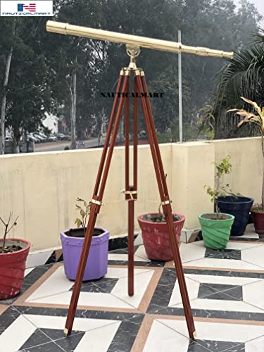 NauticalMart 44" Solid Brass Harbormaster Telescope with Mahogany Tripod Golden