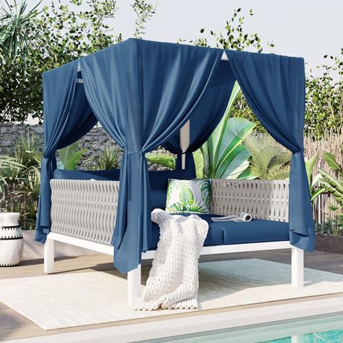 Htftmy 2-Person Daybed with Canopy and Curtains, Outdoor Patio Sunbed, Rubber Core Rope Weave Sunbed Conversation Seating Group for Lawn, Poolside, Deck, Blue
