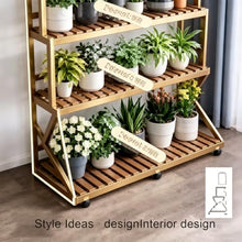 ARTUNV 3 Tier Ladder Plant Stand With Wheels, Wooden Slatted Flower Display Rack, Portable Rolling Storage Shelving For Terrace, Lawn & Home Decor(Size:70cm/27in,Color:Brown)