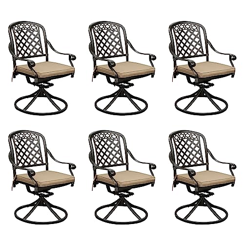 Sumshadow Cast Aluminum Outdoor Swivel Dining Chairs, All-Weather Patio Swivel Rocker Chair Sets with Cushion for Garden, Backyard, Poolside, Bistro (Khaki, 6 Pieces)