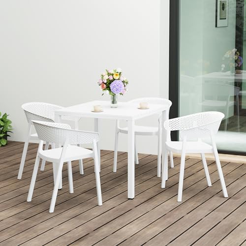 Costaelm Outdoor Patio Dining Set, 5 piece Dining Table Set, Breakfast Coffee Bar Table and Chairs of 4, Stackable Dining Side Chair, Patio Bistro Deck Furniture, White
