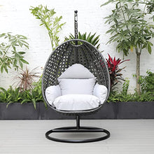 LeisureMod Charcoal Wicker Rattan Hanging Egg Swing Chair for Indoor Outdoor Bedroom Patio with Stand and Cushion (Light Grey)
