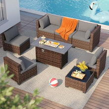 Qsun 8 Pieces Outdoor Patio Furniture Set with 44.9" Fire Pit Table, All-Weather Wicker Outdoor Patio Sectional Set with Coffee Table, for Garden Backyard
