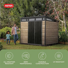 Keter Signature Collection 9x7 Ft All-Weather Storage Shed with Skylight, Window, Built-in Ventilation, & Lockable Double Doors, Ashwood