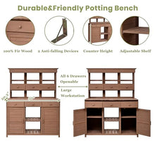 Merax Outdoor Potting Bench Table Potters Benches Garden Workstation,Patio Storage Workstation with 3 Shelves,6 Drawers,2 Bottom Cabinets&Side Hooks, Brown