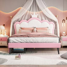 Brisca PU Upholstered Princess Bed with Crown Headboard and Storage, White+Pink