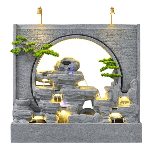 Zen Garden Landscape Waterfall Gray Rockery Fountain with LED Lights and Artificial Greenery – Tranquil Indoor/Outdoor Decorative Water Feature, Housewarming Gift(A)