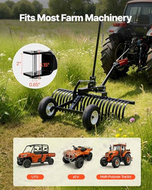 VEVOR 48in Tow Behind Landscape Rake, Pull Behind Lawn Rock Rakes for ATV Mower Tractors, 24 Durable Steel Tines, Adjustable Height & Angle, Heavy Duty Dethatcher Rake for Leaves Debris