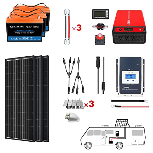 ACOPOWER 300Ah Battery 600W Solar Power System: 3PCS 100Ah Lithium Batteries+1500W Inverter+3PCS 200W Mono Solar Panels+50A MPPT Controller, for RV Boat 12V Off Grid Complete Solar Kit