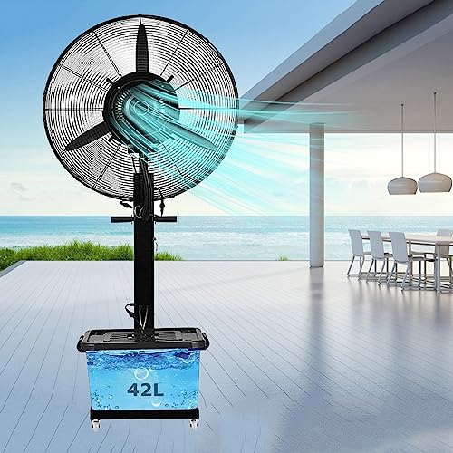 sdneNest 320W Industrial Outdoor Misting Pedestal Fan High Velocity Oscillating Fan with 3 Speed Moving Standing Fans W/Standalone Misters Tank Easy to Clean Space Cooling (Black 380W/30in)