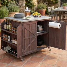 YATON Outdoor Grill Cart with Stainless Steel Top, Rolling Outdoor Kitchen Island with Storage Cabinet & 3-Tier Side Shelves, BBQ Prep Table on Wheels with Hooks for Patio Backyard,Brown