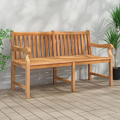 Owoxanthellate 59" Extra Heavy Teak Wood Garden Bench Light Brown Rustic Outdoor Seating for Patio Porch Park Weather-Resistant Solid Wood 3-Person Long Seat
