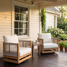 Merax Outdoor Swivel Chairs Set of 2, Acacia Wood with Rope and Cushions