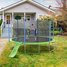 Roinoim 14FT Outdoor Trampoline with Swing, Slide, Basketball Hoop, Safety Enclosure, Ladder Green