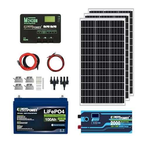 ExpertPower 1.3KWH 12V Solar Power Kit | LiFePO4 12V 100Ah, 300W Mono Solar Panels, 30A MPPT Solar Charge Controller, 2KW Pure Sine Wave Inverter Charger | RV, Trailer, Camper, Marine, Off Grid
