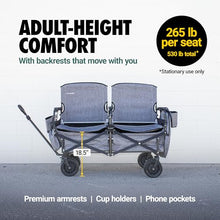 Chariot Outdoor Lawn Chariot, Folding Wagon with 2 Adult Seats & UPF 50+ Canopy, Under-Seat Storage, All-Terrain Wheels, Black Canopy