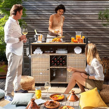 YITAHOME XL Outdoor Kitchen Wicker Island Rolling Cart Bar Table & Storage Cabinet, Wheels and Plastic Wood Extended Table Top, Double Handle for Patio Kitchen or Bar Cart,Light Yellow Gradient