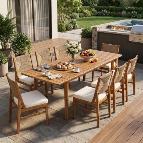 Christopher Knight Home Mave Acacia Wood Dining Table Set for 8, 9 Piece Patio Extendable Dining Table & Armless Chairs Set Of 8 with Cushion & Wicker Back, Patio Furniture Set, Cream+Light Brown+Teak