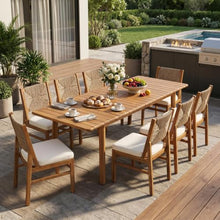 Christopher Knight Home Mave Acacia Wood Dining Table Set for 8, 9 Piece Patio Extendable Dining Table & Armless Chairs Set Of 8 with Cushion & Wicker Back, Patio Furniture Set, Cream+Light Brown+Teak