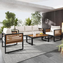 Merax Large Size 4-Pieces Outdoor Wood Sofa, Conversation Set for 5 Person, with Removable Cushions, Waterproof & UV-Resistant, Modern Patio Garden Set, Beige