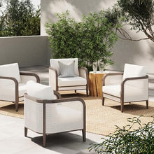 Nathan James Twila Boho Rattan Chair, Outdoor Lounge Chair, Cushioned Patio Chairs with Rattan Arms, Solid Wood Frame, Linen White Set of 4