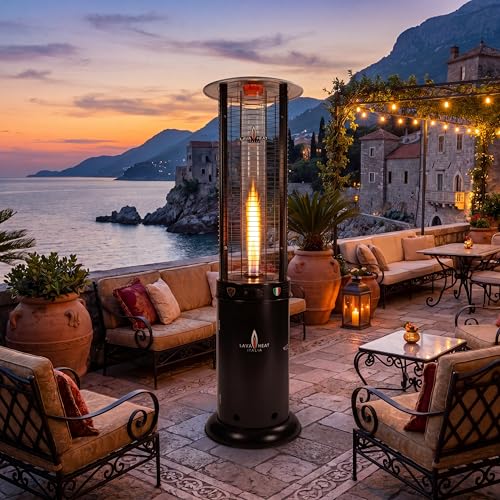 The Opus Lite 80-Inch Round Patio Heater by Lava Heat Italia, Natural Gas Italian-Designed Residential Outdoor Heater in Hammered Black with Overhead Reflector Hood for Patios, Decks, and Terraces