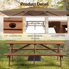 YOPTO 8 Person Wood Picnic Table with 2 Built-in Benches and Umbrella Hole, Outdoor Rectangular Camping Dining Table with 2 Seats,for Garden, Backyard, Porch, Patio,Brown