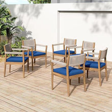 Christopher Knight Home Caitlyn Acacia Wood Outdoor Dining Chairs Set of 6, Patio Chairs with Weather-Resistant Cushions, Garden Extra Seating with Handwoven Rope Accent, Blue Navy + Teak + Beige