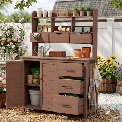 Farmhouse Outdoor Patio Potting Bench, Large Size Freestanding Garden Workstation with 6 Drawers, Bottom Cabinet and Side Hook (Brown)