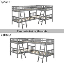 P PURLOVE L-Shaped Twin Over Twin Bunk Bed Wood Frame Grey